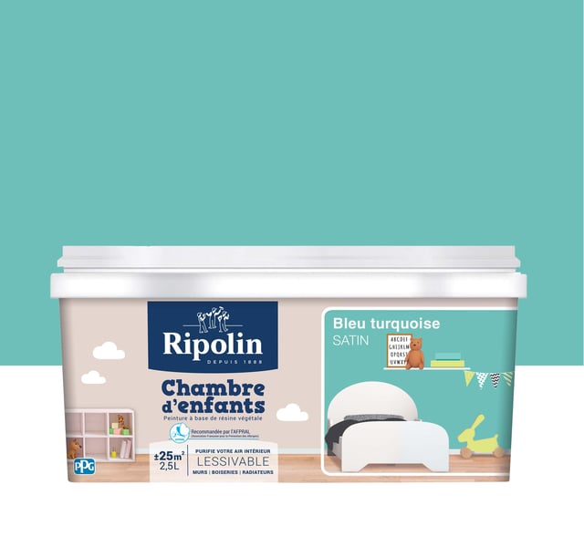 Peinture bleu turquoise mur et boiserie Chambre d'enfants RIPOLIN satiné 2.5 l