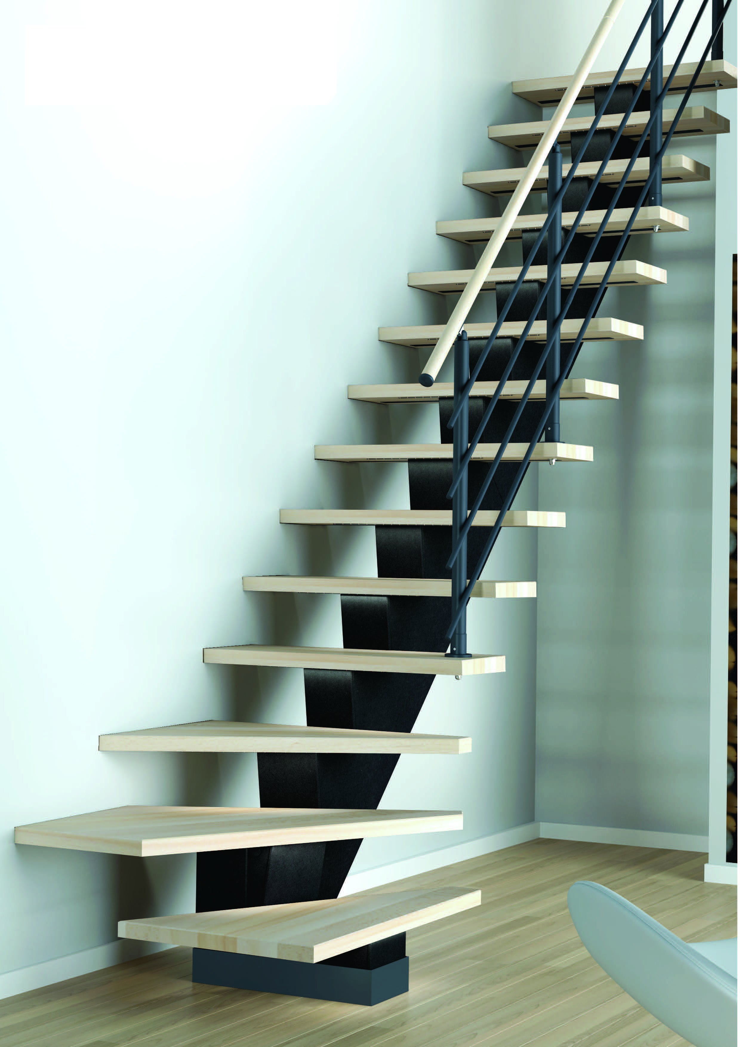 Escalier 1/4 t. bas droit MDF anthracite Gomera 14 marches hêtre, l.85 cm - 2