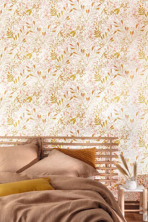 Papier peint intissé Florale Green life joy rose or fond blanc