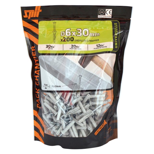 Boîte de 200 chevilles à frapper universelles, Ø6x30mm gris