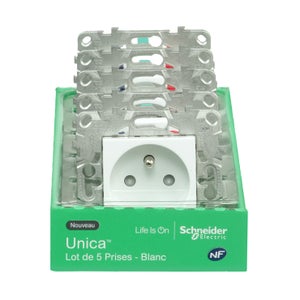 Lot de 5 prises avec terre à assembler Unica, SCHNEIDER ELECTRIC, blanc