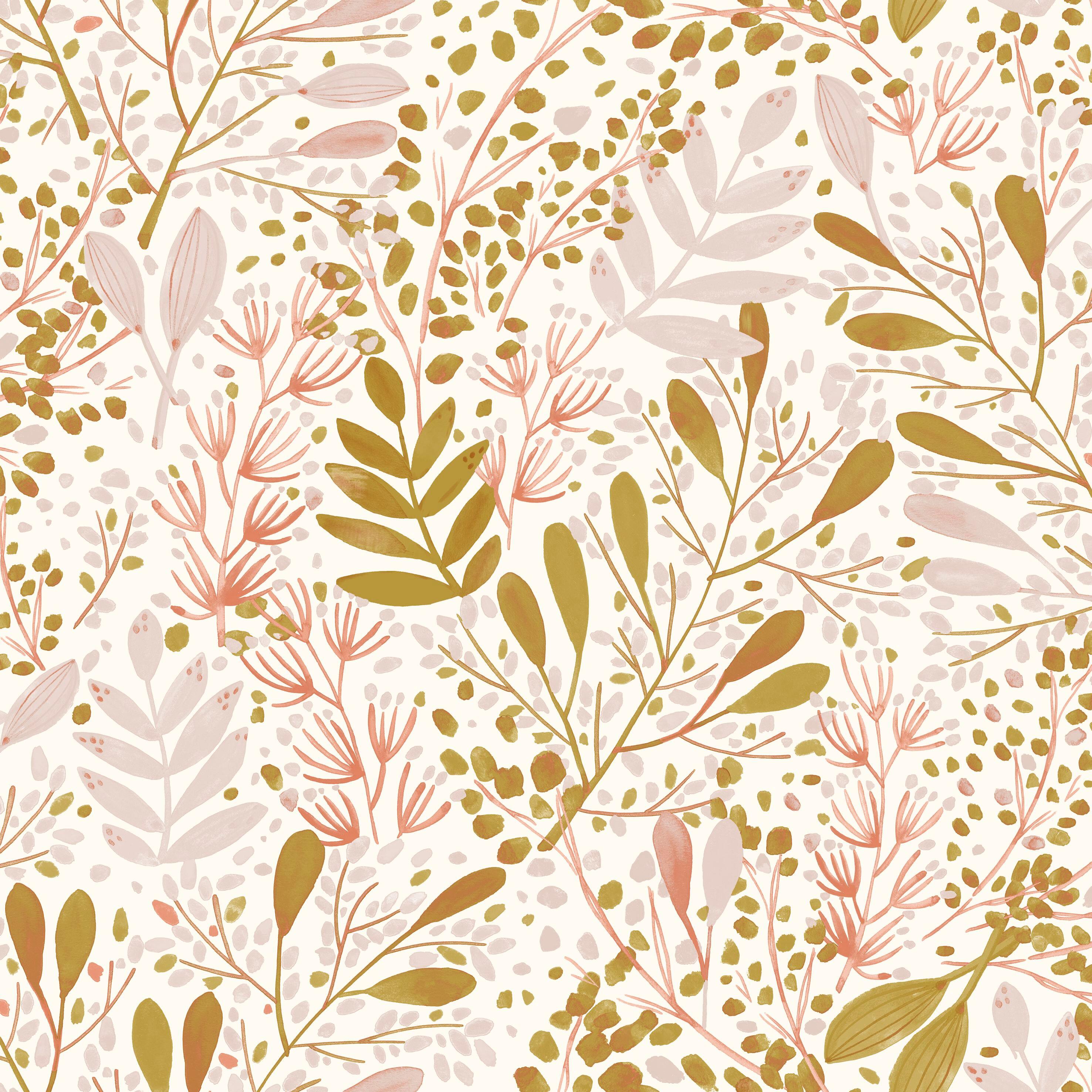 Papier peint intissé Florale Green life joy rose or fond blanc - 3