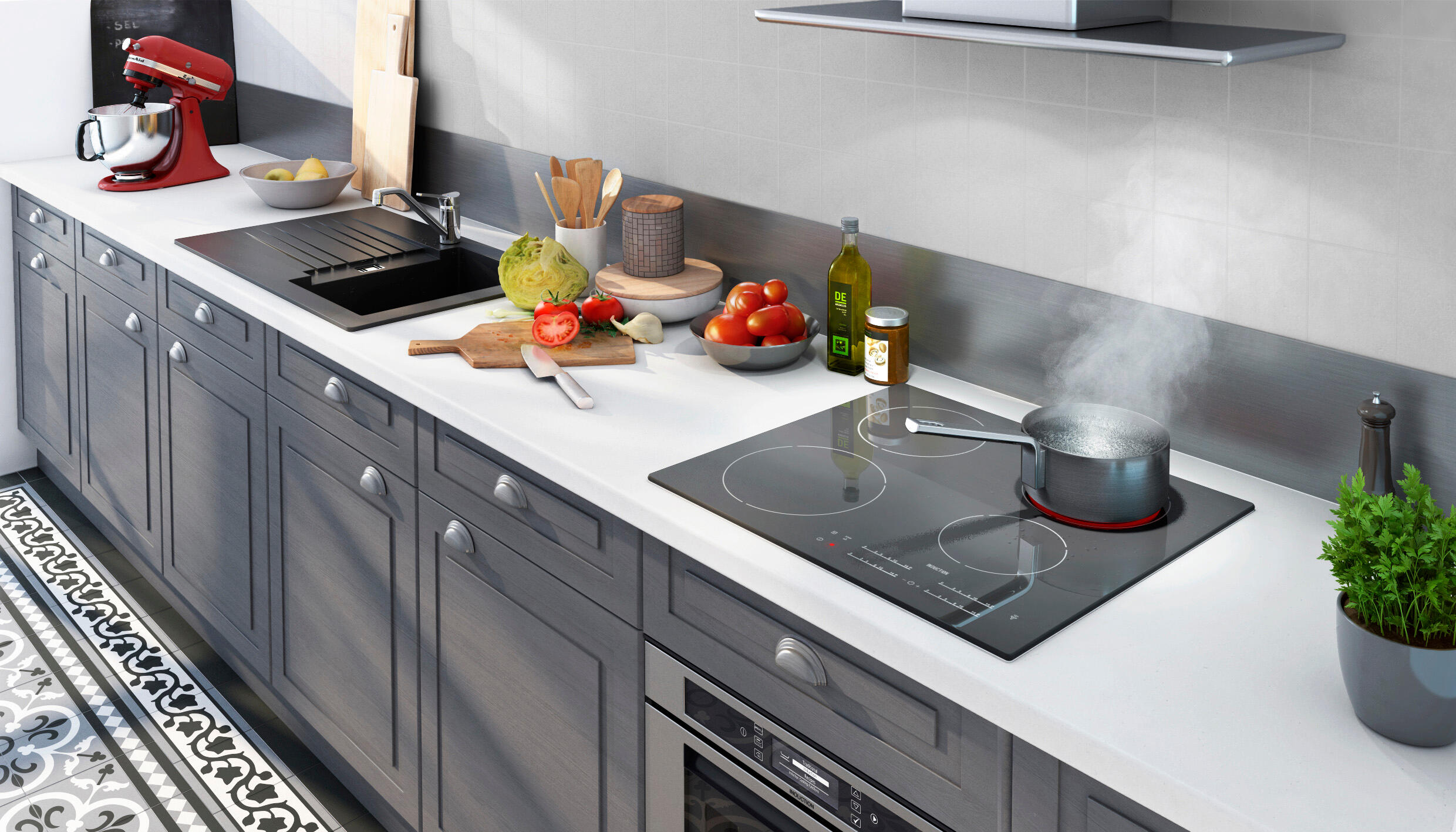 Evier à encastrer 1 bac avec égouttoir, résine, SOLO Noir - 6