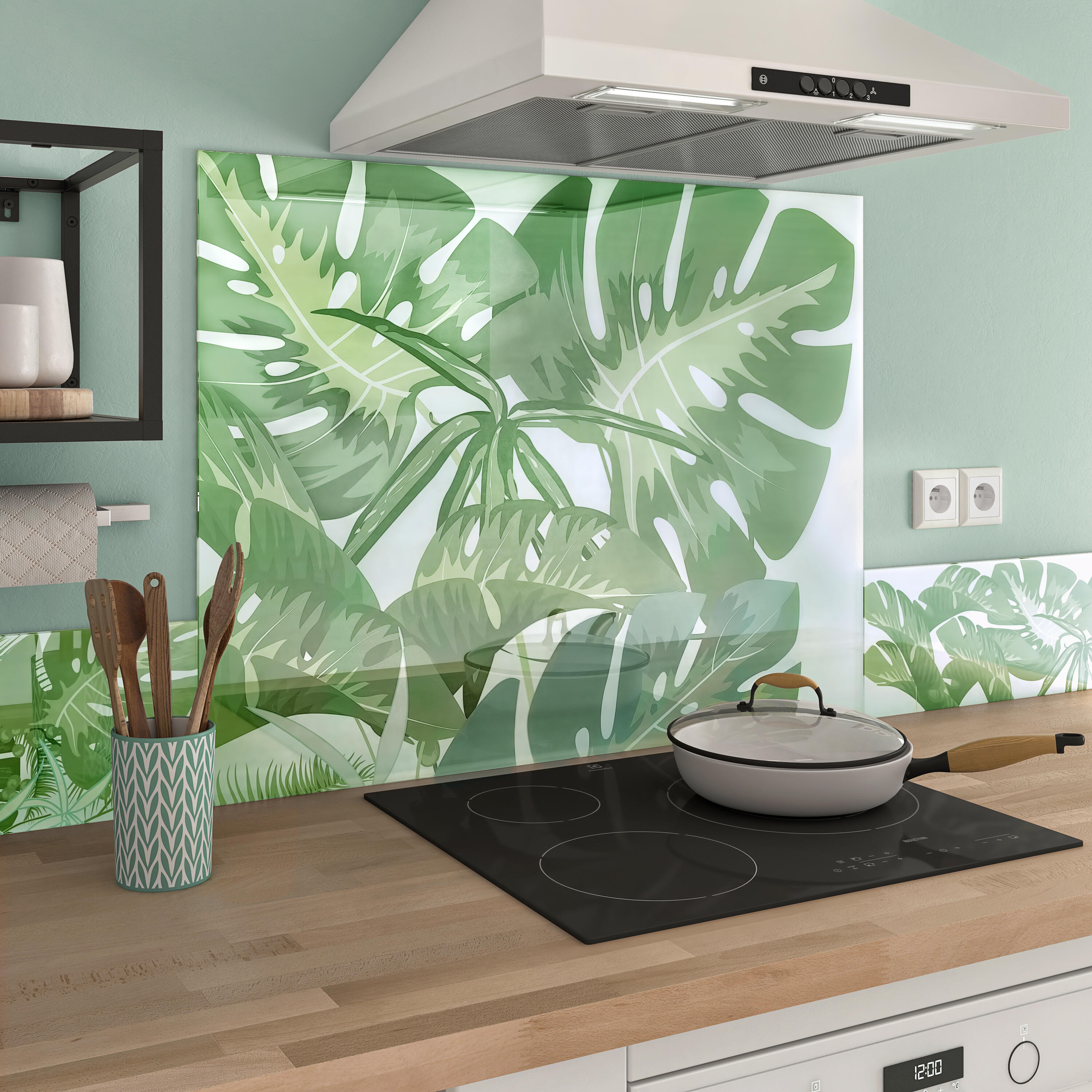 DEQORI Pannello Paraspruzzi In Vetro Per Cucina O Bagno 100x50 Cm – Motivo Verde Sfondo Naturale, Vetro Di Sicurezza 4 Mm, Effetto 3D, Facile Da Pulire, Fissaggio Senza Fori