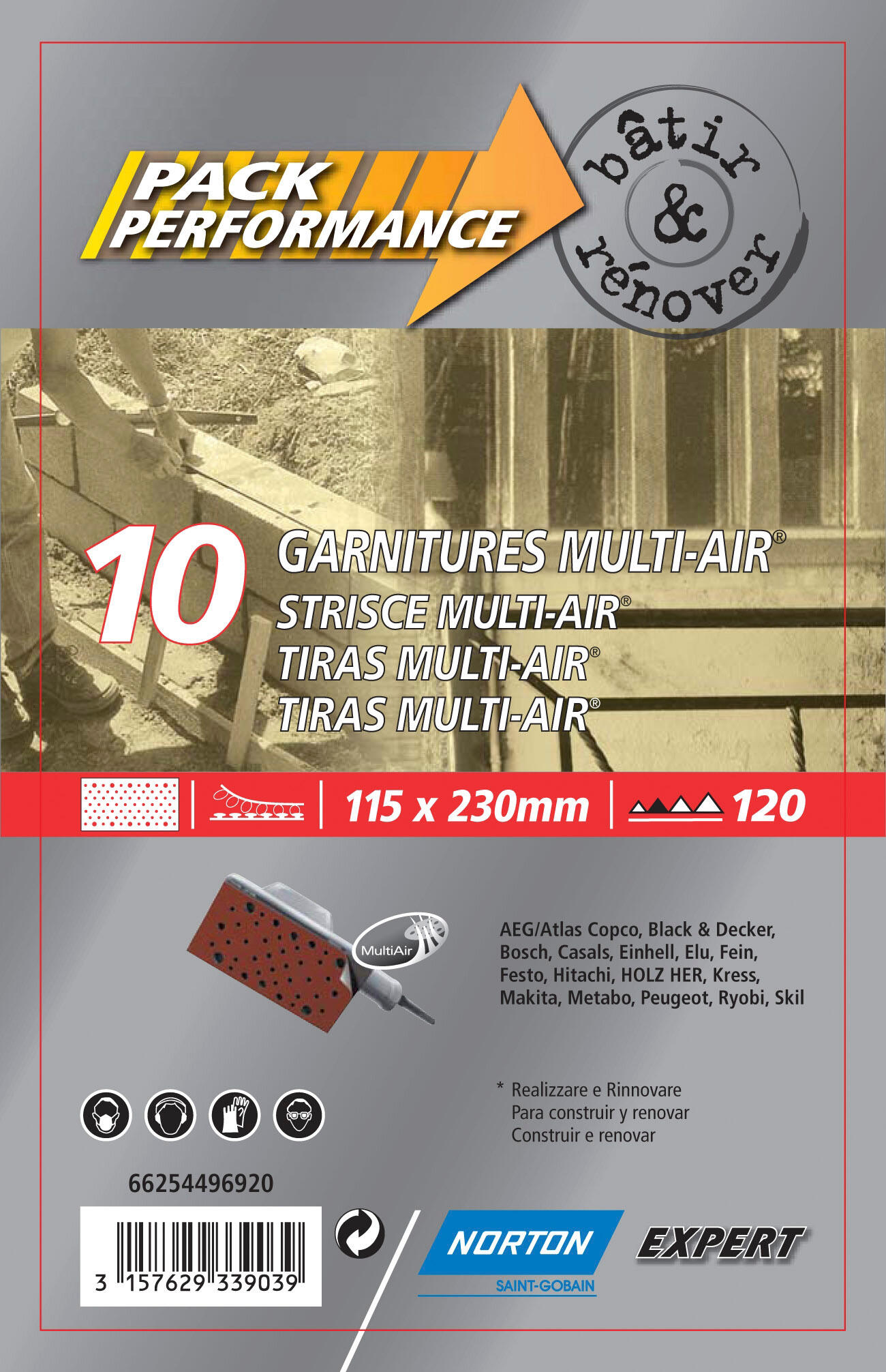 Lot de 10 patins abrasifs NORTON, 115x230 mm, grains 120 - 3