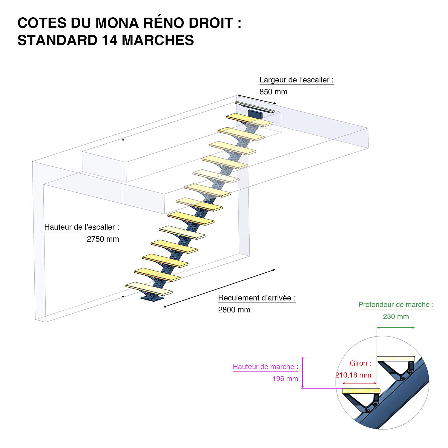 Escalier droit alu gris anthracite Mona 14 marches hêtre verni, H. 275 l.95 - 4