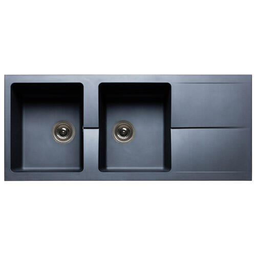 Evier à encastrer 2 bacs avec égouttoir, résine TECTO Noir