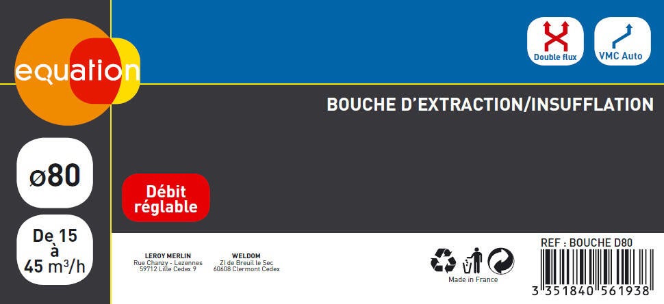 Bouche d'extraction pvc EQUATION, Diam.80/80 mm - 5
