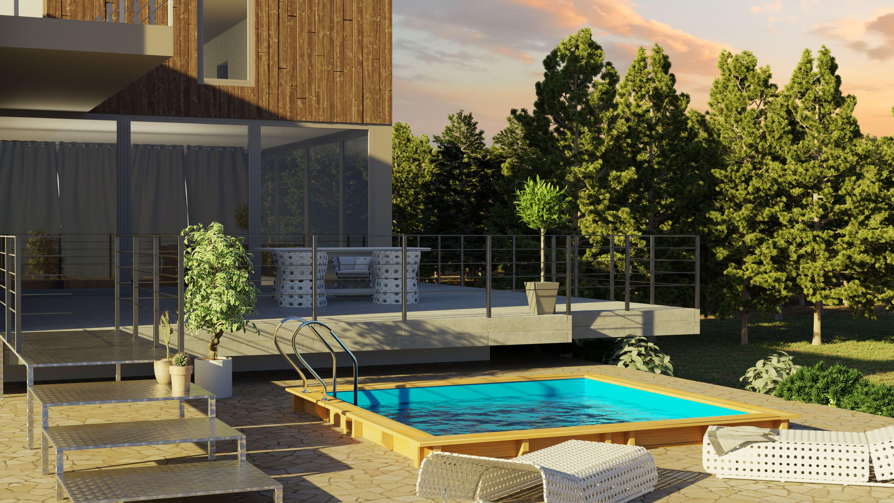 Piscina elevada de madera marrón cuadrada 2x2x0.68 m con depuradora de cartucho GRE - 5
