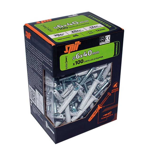 Boîte de 100 chevilles à frapper univeselle, Ø6x40mm gris