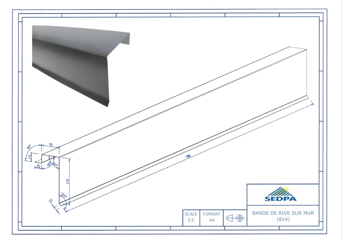 Rive sur mur pour plaque nervurée 63/100 gris ral 7016, L.2.1 m - 2