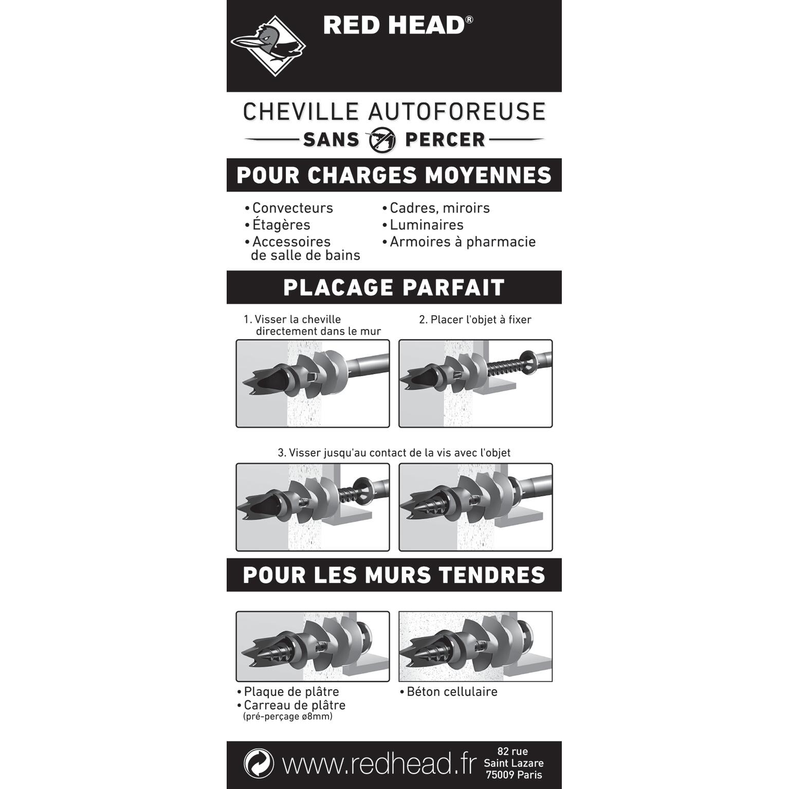 Lot de 4 Cheville murale avec vis vix RED HEAD, Ø13 x L.30 mm - 2