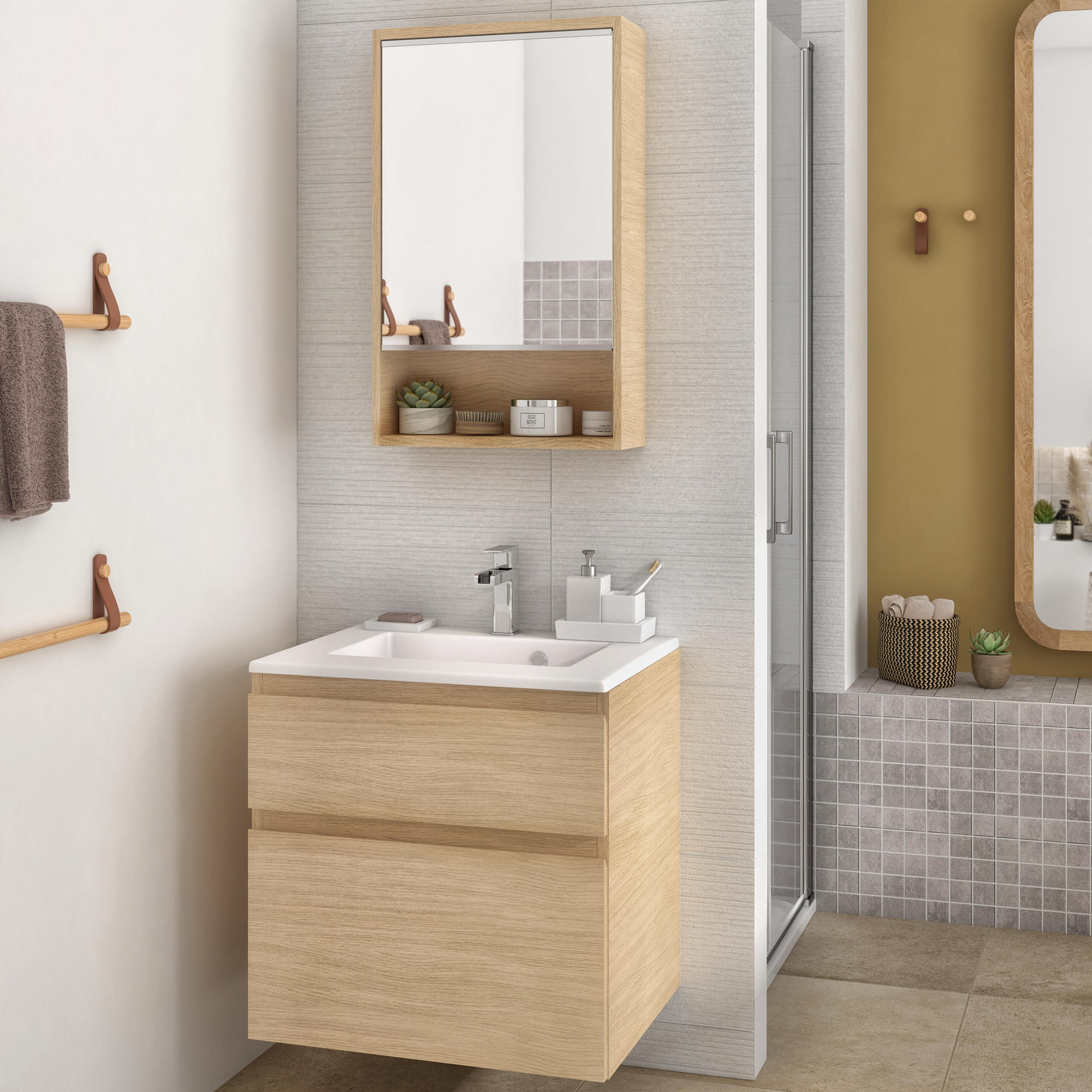Meuble sous-vasque L.60cm x H.62.5cm x P.48cm placage chêne Natural - 6