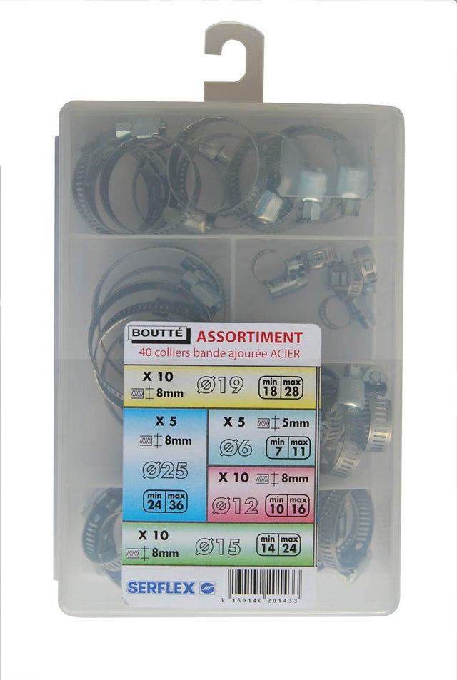 Lot de 40 colliers bande ajourée acier larg.8 tuyau diam.10-12-15-19-25 BOUTTE