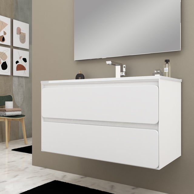 Meuble simple vasque, . l.100 x H.55 x P.45 cm, blanc mat, Ultra