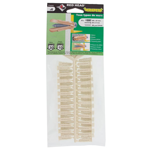 Lot de 50 Cheville murale grapex RED HEAD, Ø6 x L.25 mm