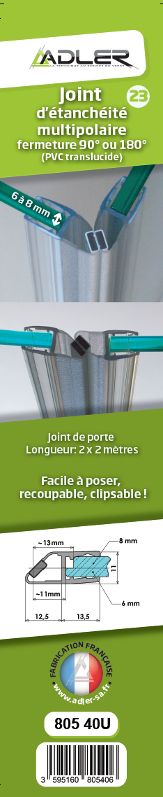 Joint d'étanchéité magnétique, 2x200cm fermeture 90° ou 180° verre Ep. 6-8 mm