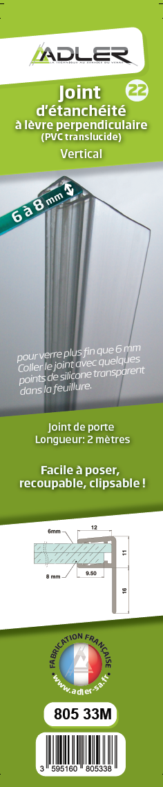 Joint d'étanchéité lèvre perpendiculaire translucide, L.200 cm verre Ep. 6-8 mm