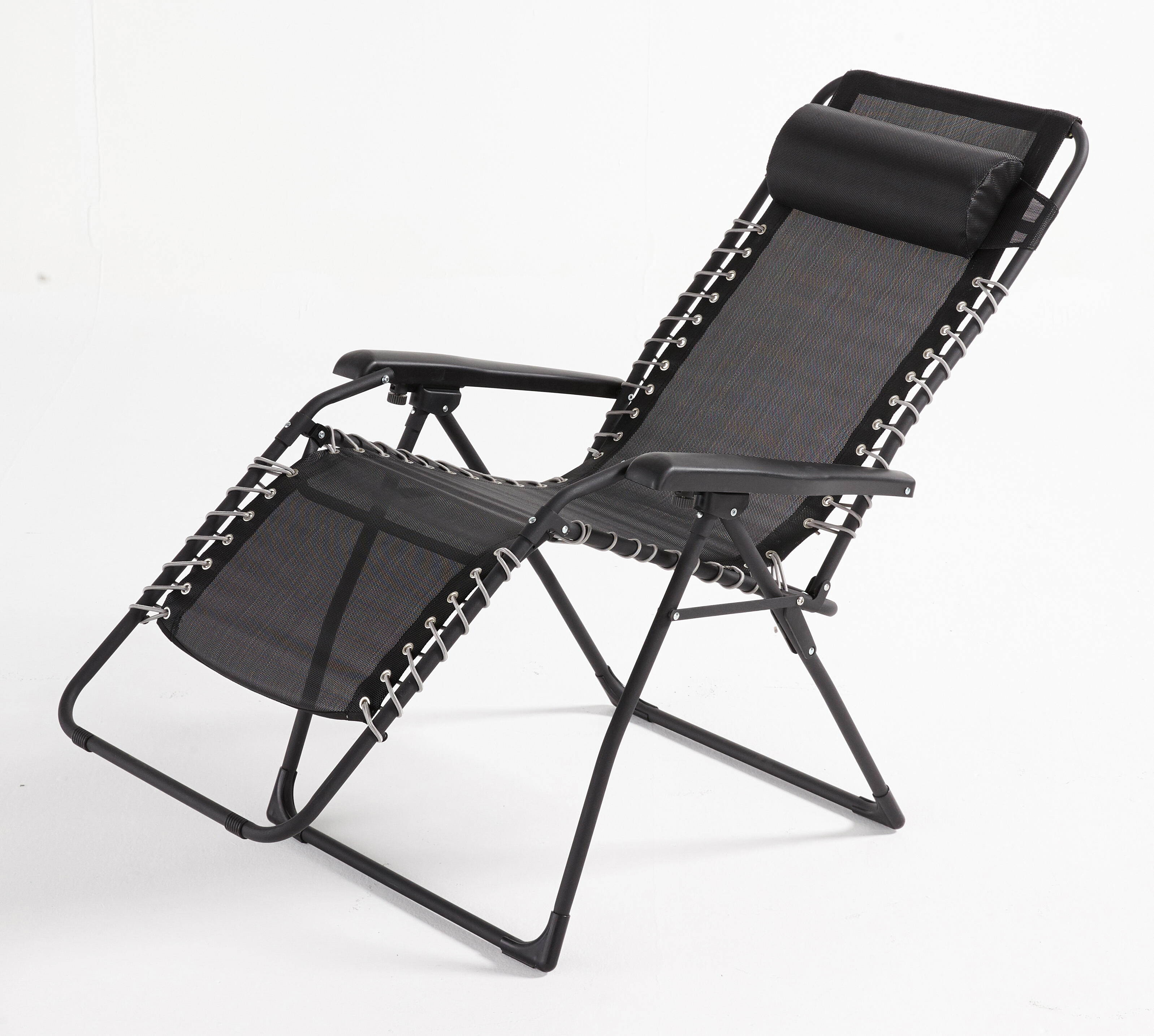 Sedia a sdraio da giardino con cuscino nero e braccioli Zero Gravity struttura in acciaio nero, seduta in textilene nero - 7