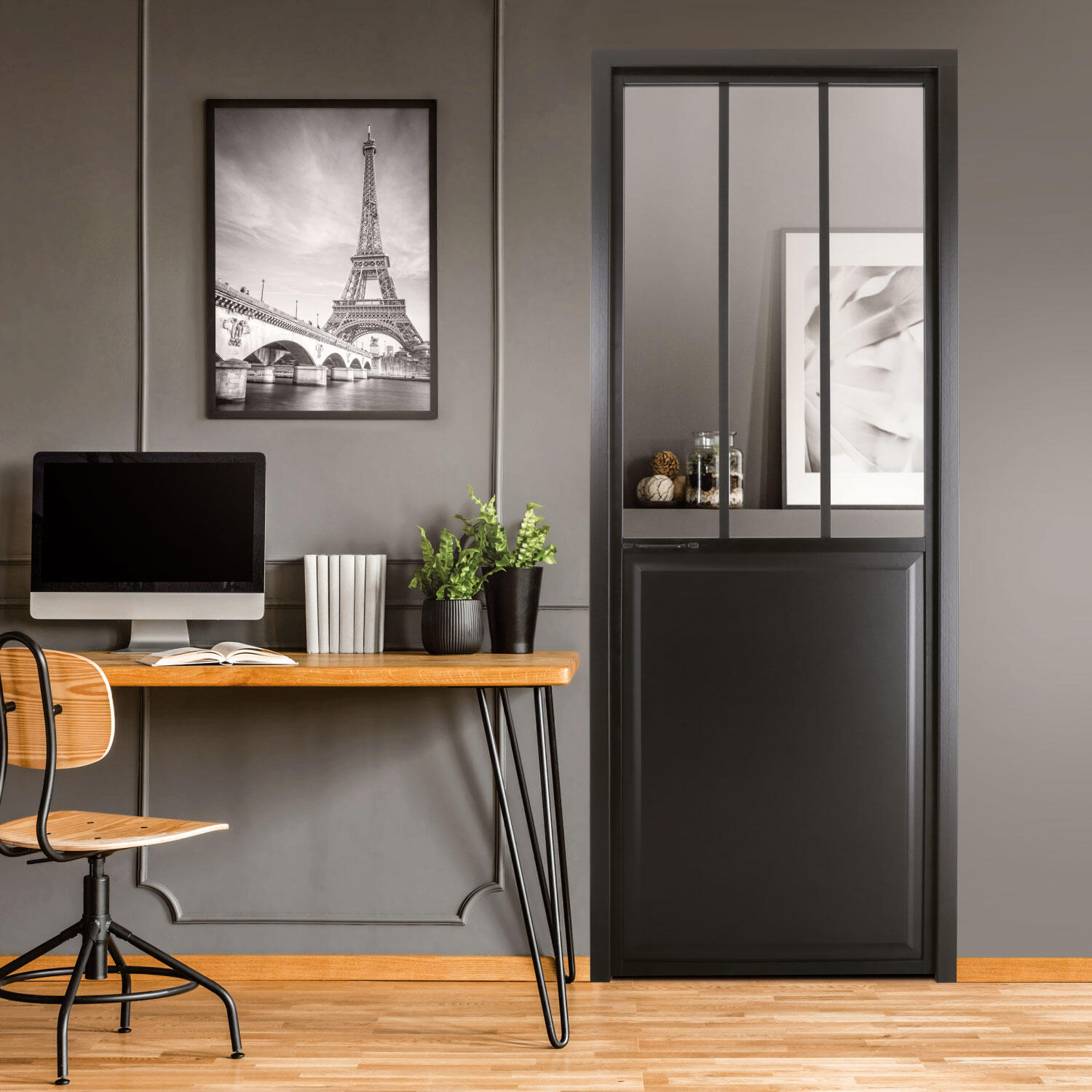 Bloc-porte vitré Atelier noir H.204 x l.83 cm, poussant droit - 2