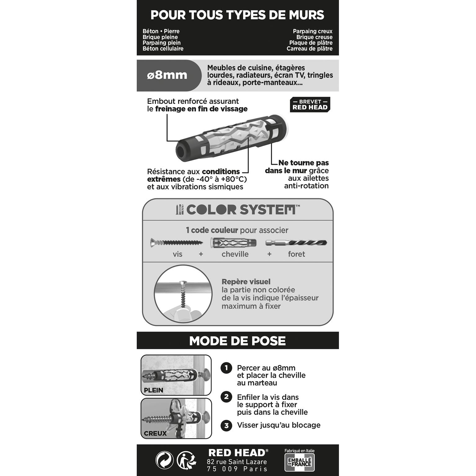 Lot de 6 Cheville murale mx gamme couleur RED HEAD, Ø8 x L.50 mm - 2