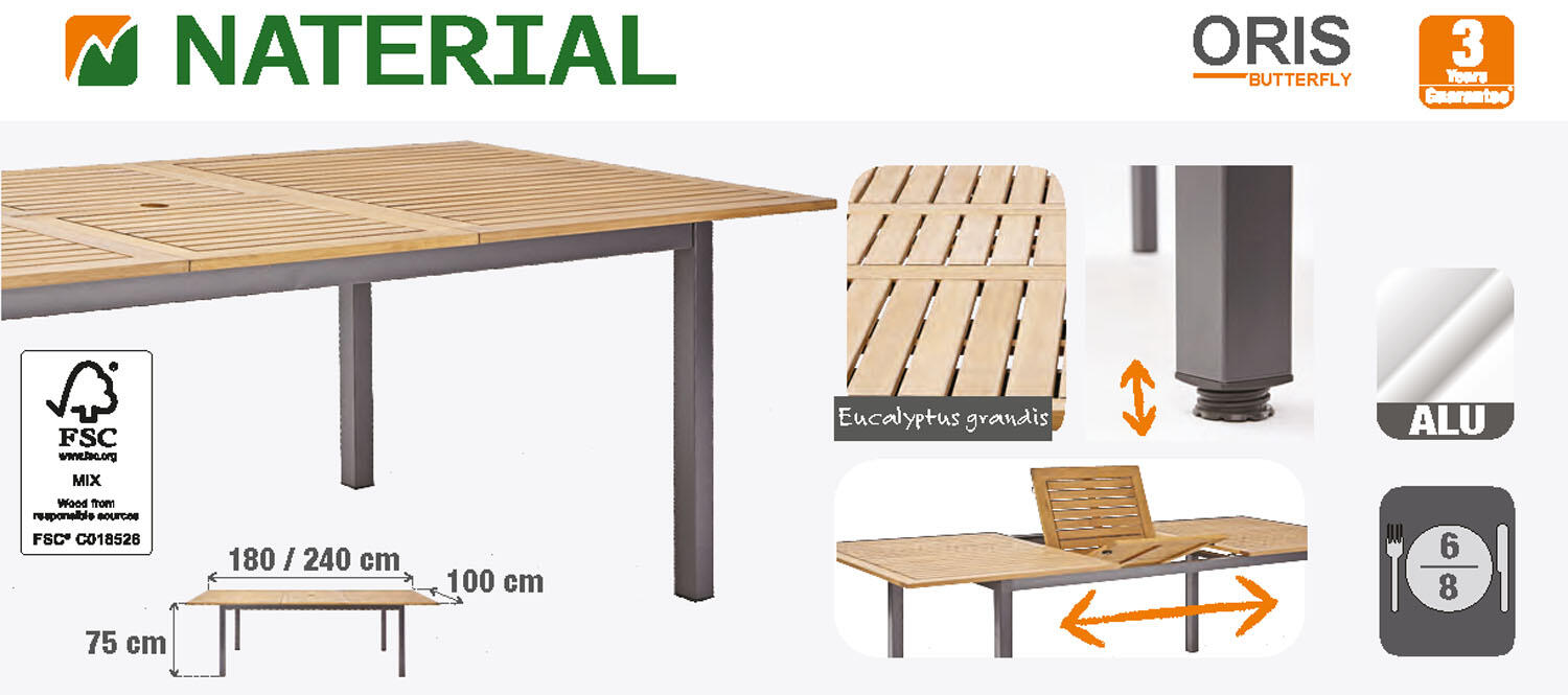 Tavolo da giardino allungabile Oris NATERIAL in alluminio grigio con piano in eucalipto per 6 persone 180/240x100cm - 21