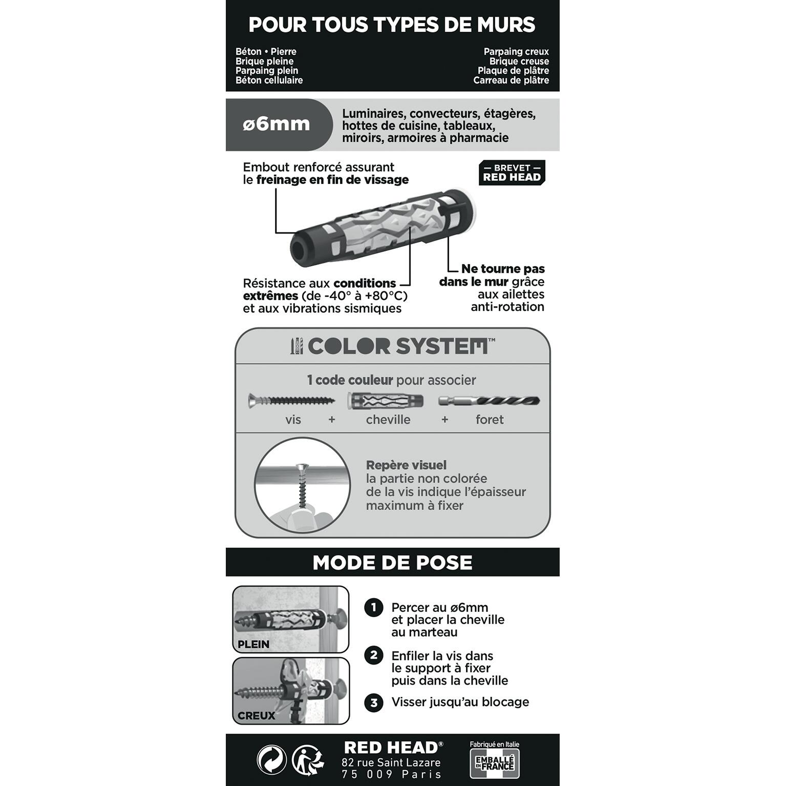 Lot de 12 Cheville pour tout type de mur mx gamme couleur RED HEAD, Ø6 x L.37 mm - 3