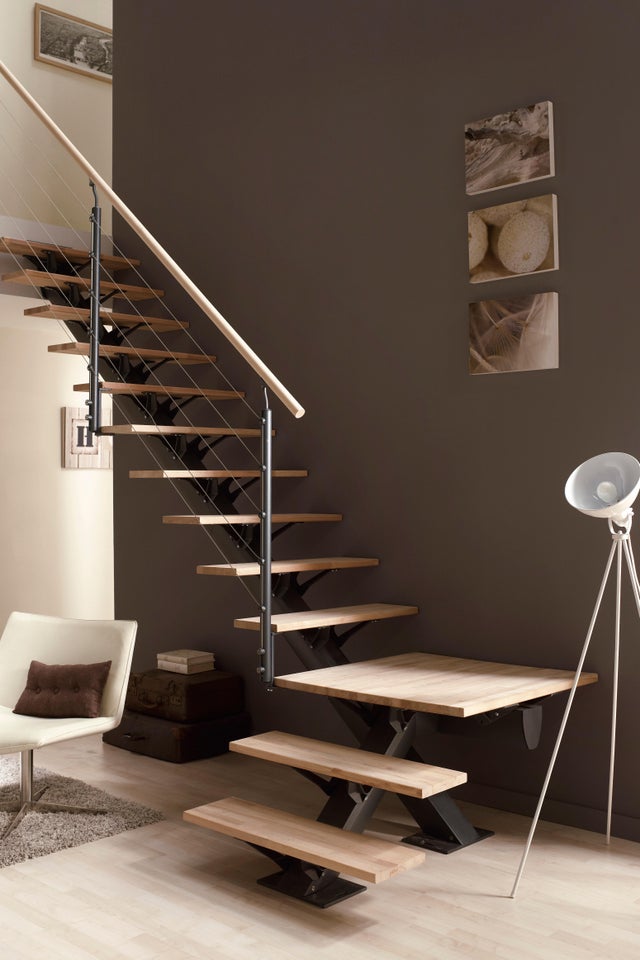 Escalier 1/4 tournant bas réversible alu gris Mona 14 marches hêtre, l.85 cm