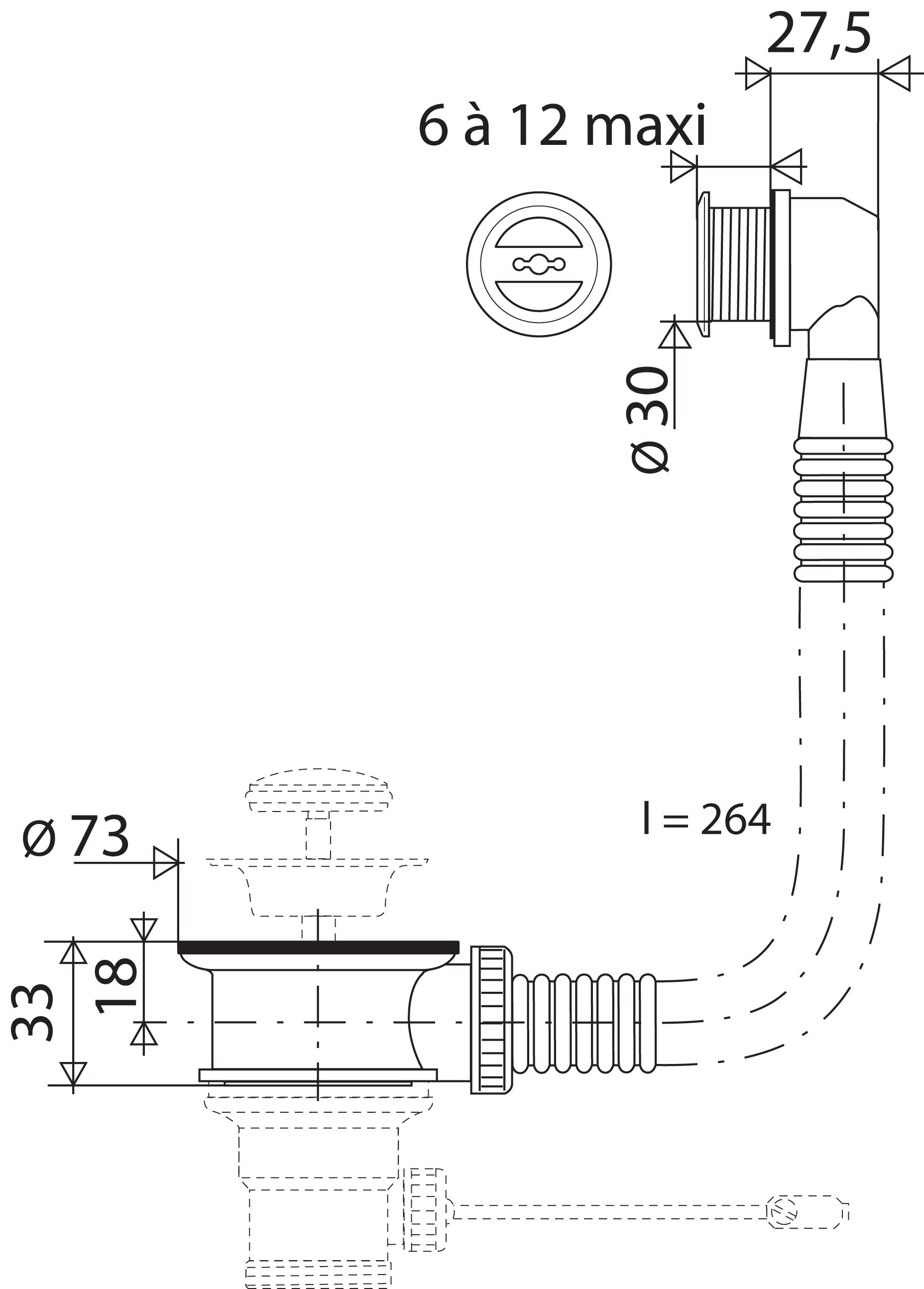 Trop plein lavabo D.30 mm, m, intercalaire 35,5 mm VALENTIN - 2