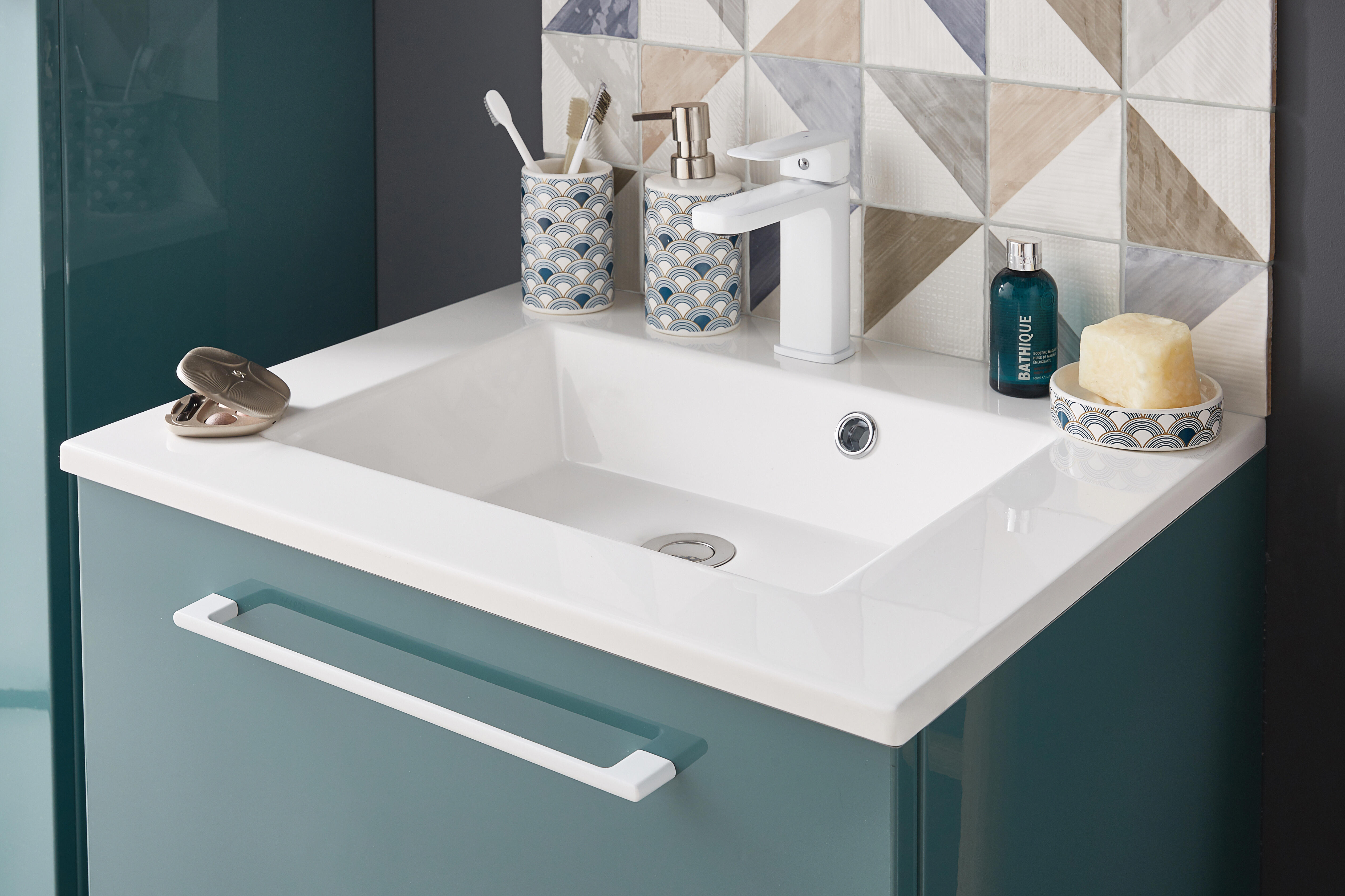 Plan simple vasque centrée Urban pierre blanc Brillant l.61 x P.49 cm - 10