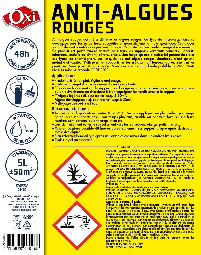 Traitement anti dépot vert Anti algues rouges mur / toiture / sol OXI, 5L - 3