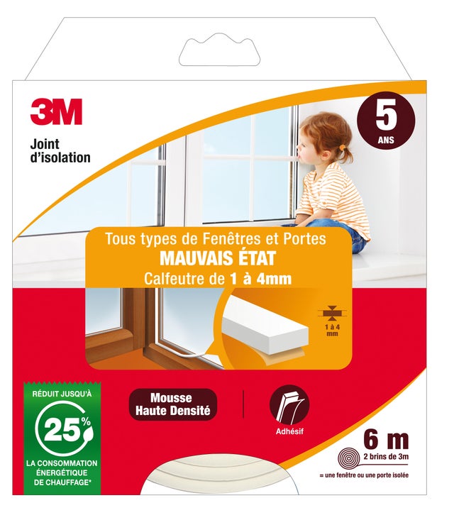 Joint de porte et fenêtre mauvais état 3M 1 à 4 mm, L.6 m blanc