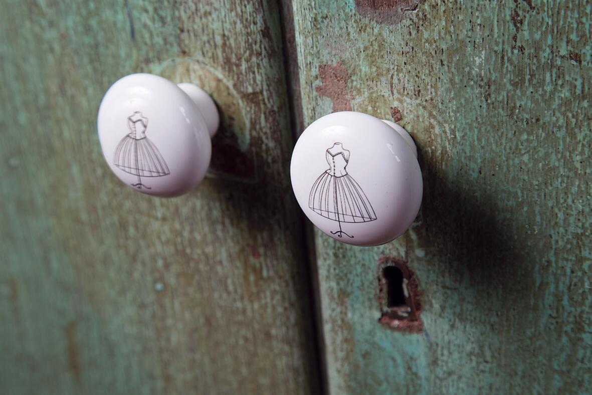 4 boutons de meuble ronds Mannequin, porcelaine noir/blanc brillant, Diam.40 mm - 4