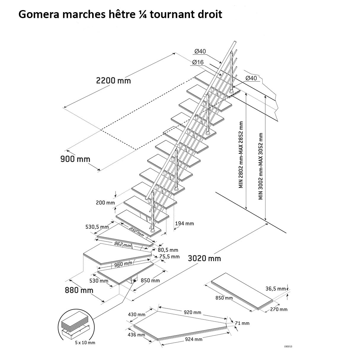 Escalier 1/4 t. bas droit MDF anthracite Gomera 14 marches hêtre, l.85 cm - 3