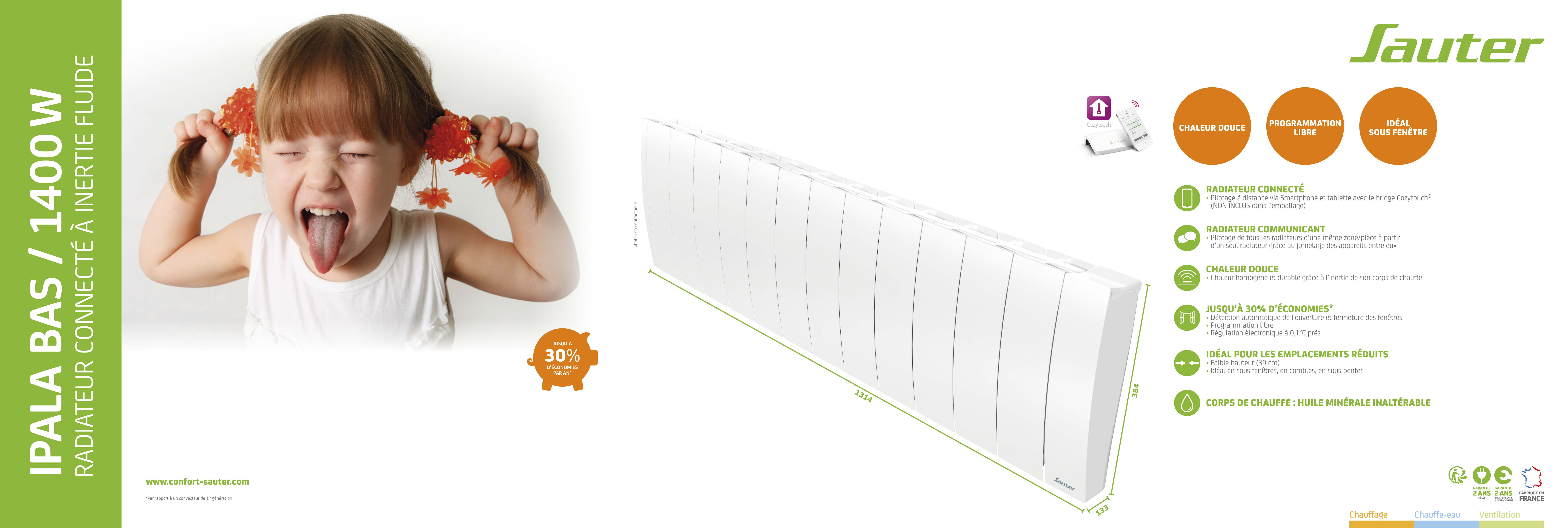 Radiateur électrique connecté inertie fluide 1400W SAUTER Ipala plinthe blanc - 9