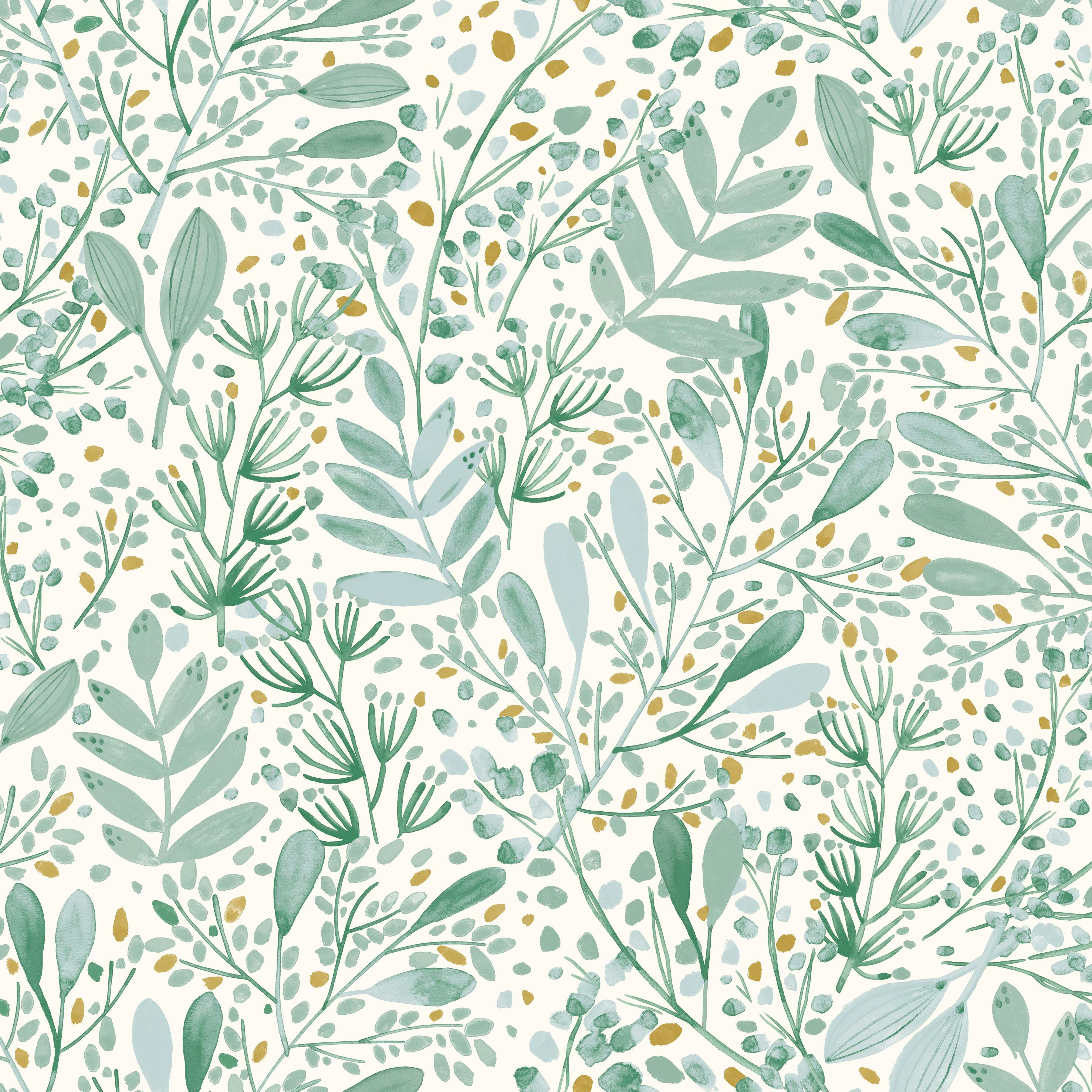 Papier peint intissé Florale Green life joy vert céladon, gris,or - 3