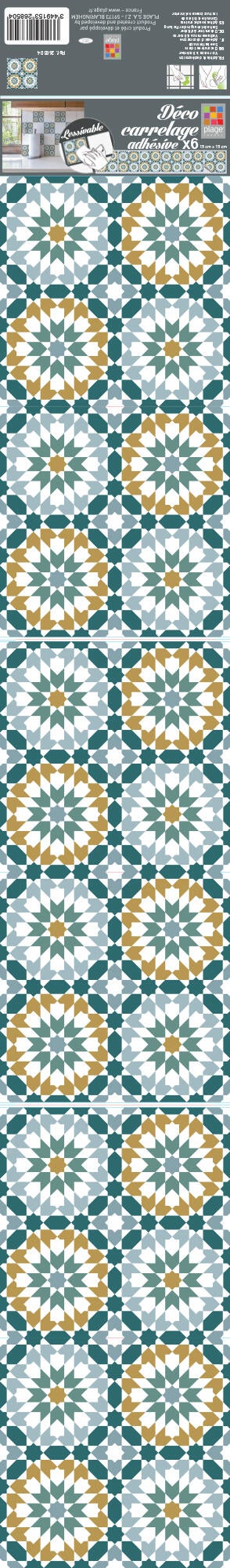 Lot de 6 Stickers adhésifs carrelage mur lavable Amantea multico, bleu, vert et - 2