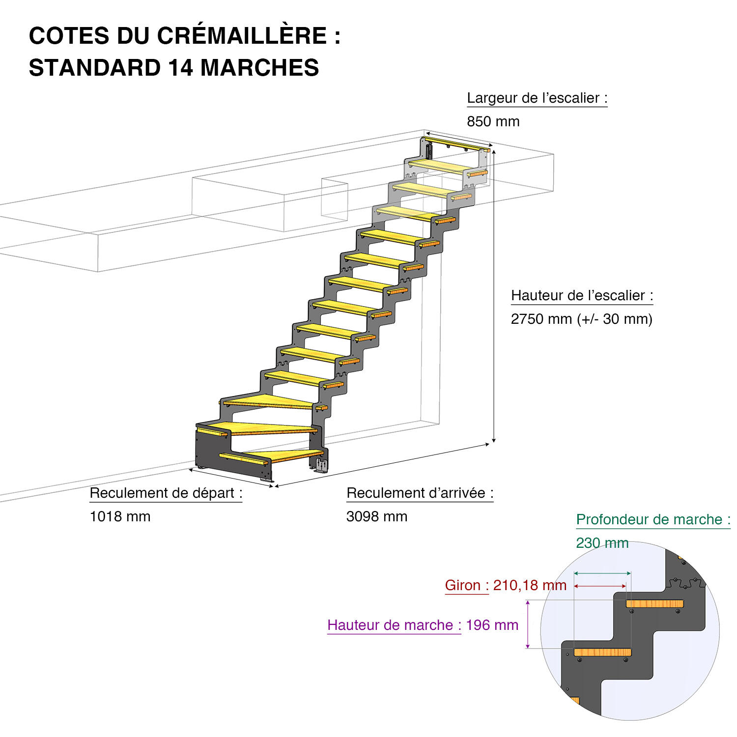 Escalier 1/4 t. bas révers. acier noir Crémaillère 14 mar. frêne brut , l.85 cm - 2