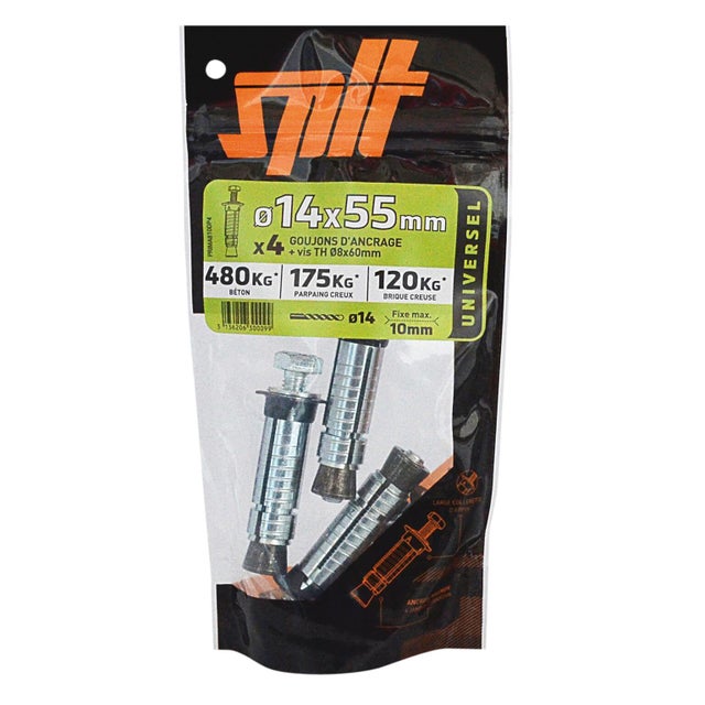 Lot de 4 Cheville murale avec vis prima SPIT, Ø14 x L.55 mm