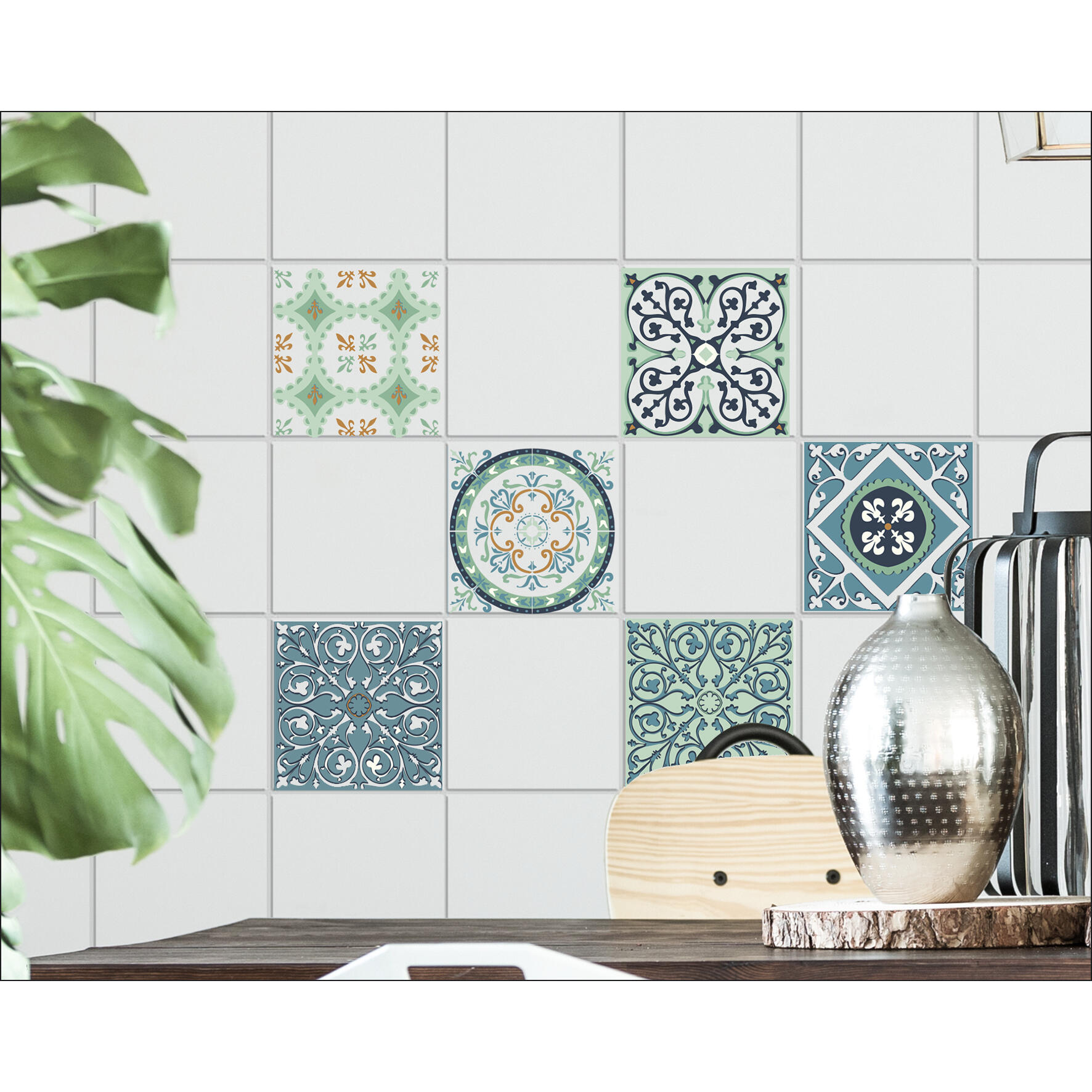 Umelee Autocollants pour carrelage, 24 pièces, carrelage, autocollants muraux, autocollants marocains imperméables pour la décoration de la salle de bain, cuisine (24 pièces, 10 × 10 cm