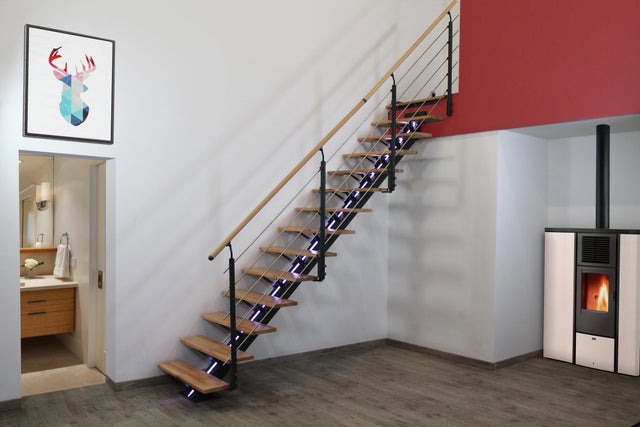 Escalier droit alu gris anthracite Mona 14 marches hêtre verni, H.280 l.95