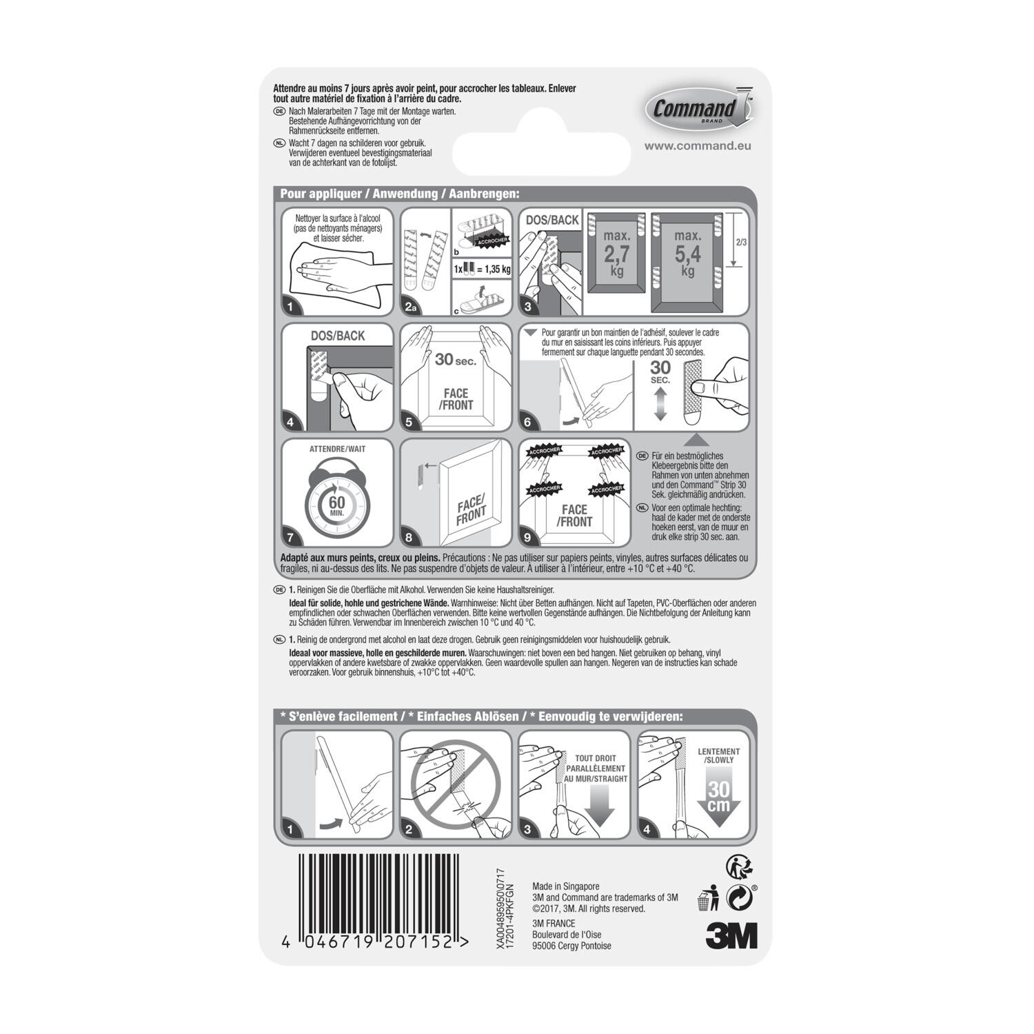 4 paires de languettes adhésives blanc de fixation de tableaux 5kg max COMMAND - 6