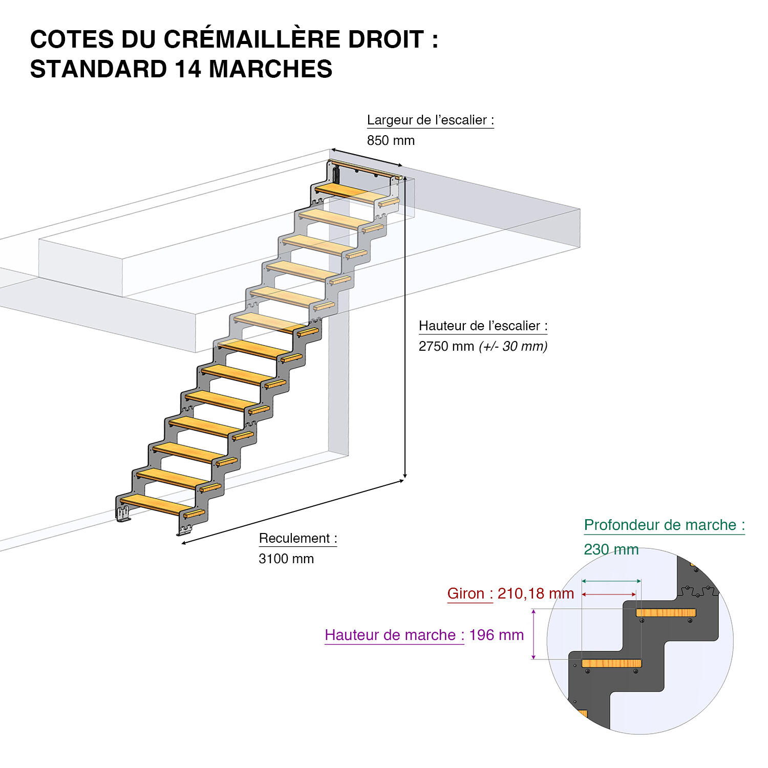 Escalier droit acier noir Crémaillère 14 marches frêne verni , l.85 cm - 2