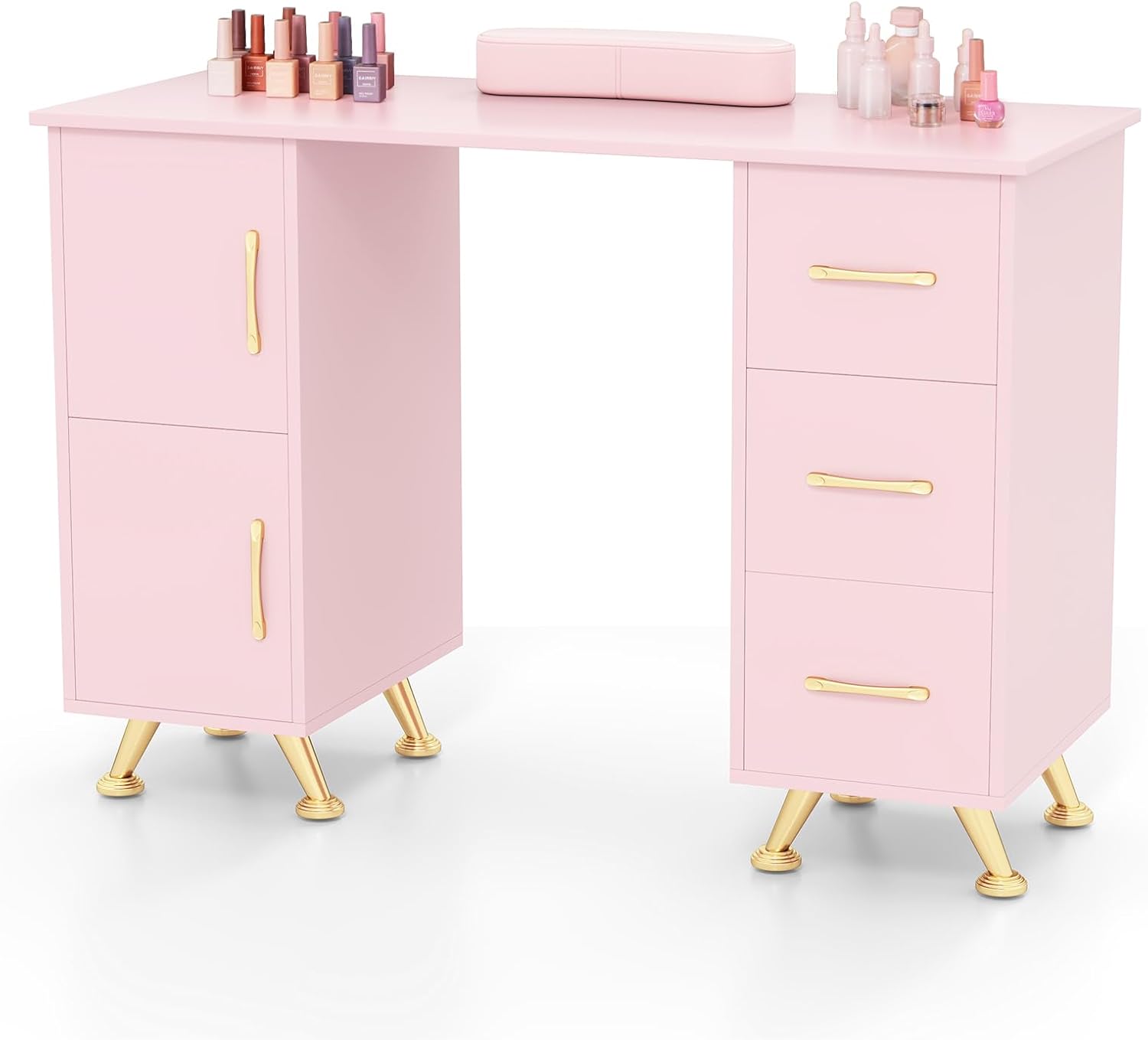 Profesjonalny Stolik do Manicure 2w1 Biurko z Podpórką pod Nadgarstki 8 Metalowymi Nóżkami i 3 Szufladami do Salonu Kosmetycznego Różowy