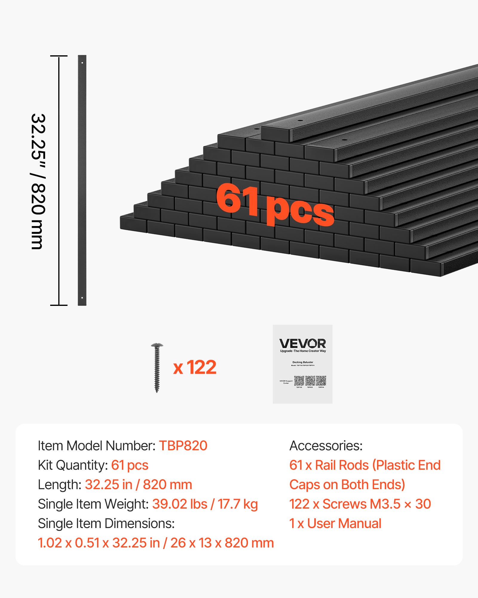 Balaústres de terraço VEVOR 82 cm lote 61, grades em aço galvanizado para deck, varanda e escadas, com furos pré-perfurados, parafusos, pretos - 7