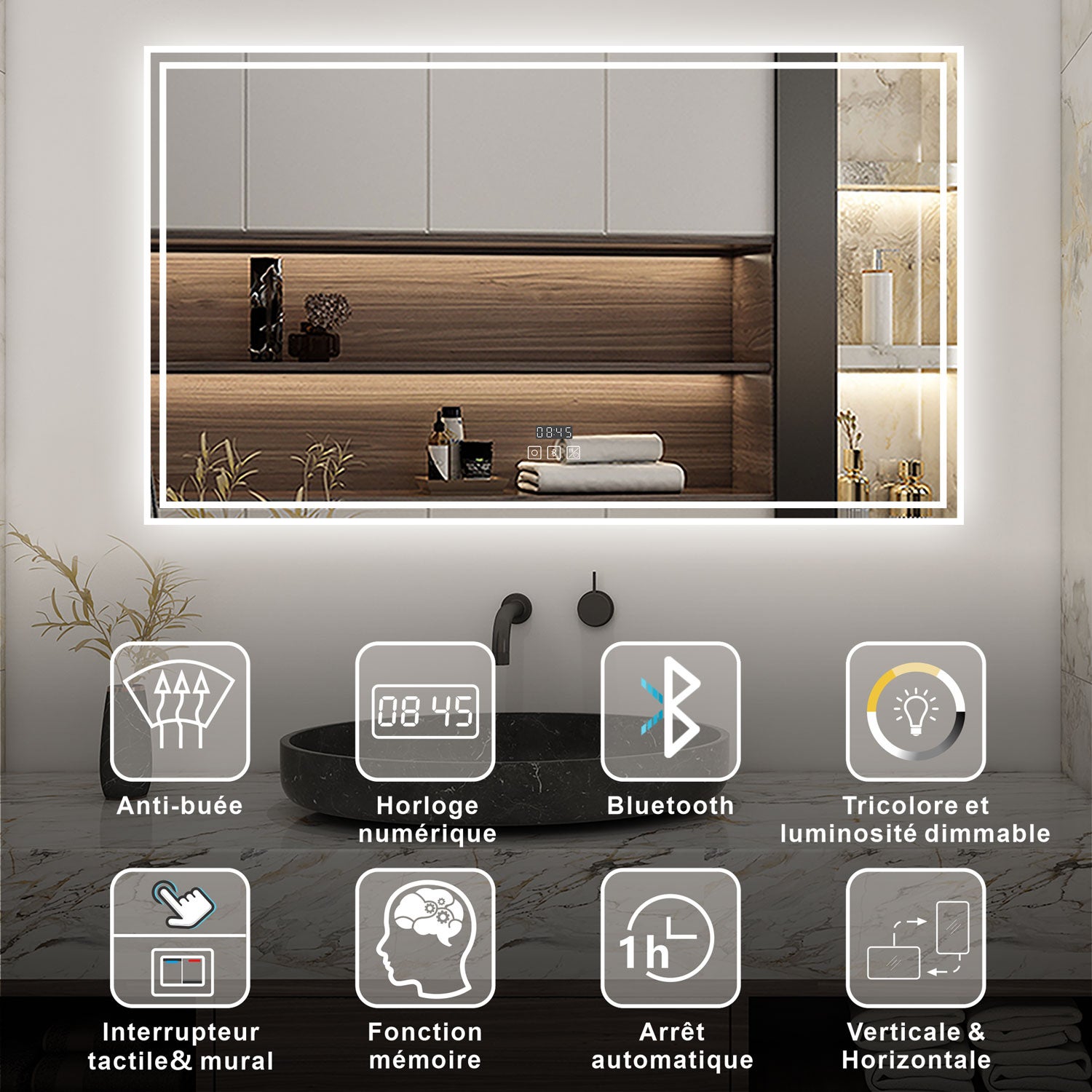 AICA Miroir lumineux 120 x 70cm, bluetooth + 3 couleurs + dimmable + horloge + anti-buée + mémoire, miroir salle de bain mural - 2