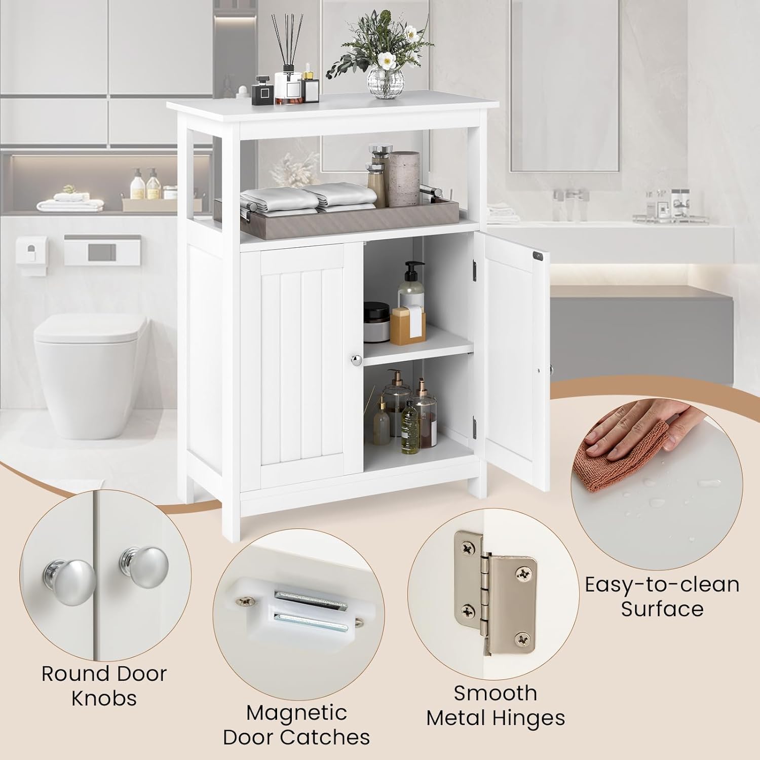 Mobile da bagno, armadio da bagno a terra con doppie ante, ripiano grande, 2 scomparti aperti, moderno per ingresso, soggiorno (bianco) - 8