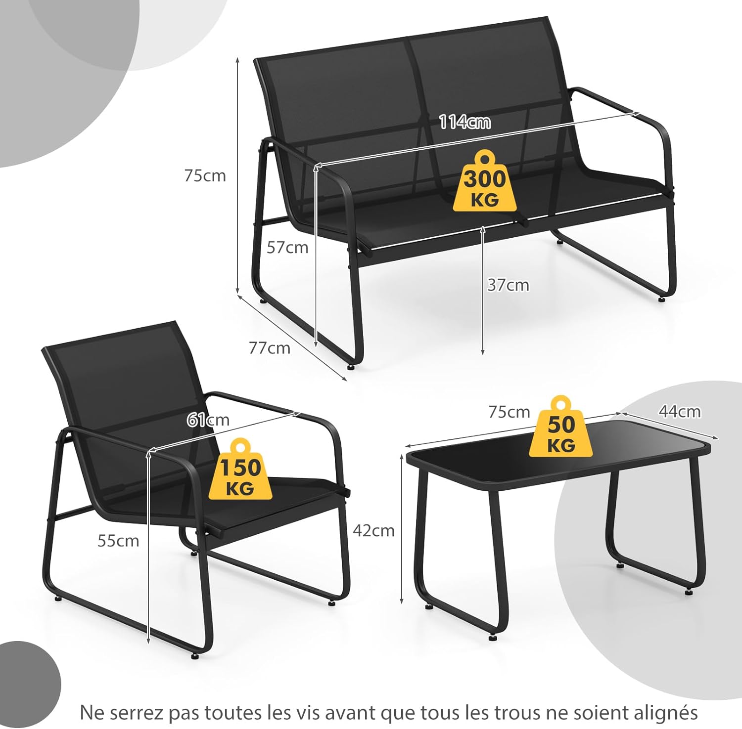 Salon de Jardin 4 Pièces avec 2 Chaises Table en Verre Trempé et Causeuse, Cadre Métallique, pour Porche Bord de Piscine Balcon, Noir - 5