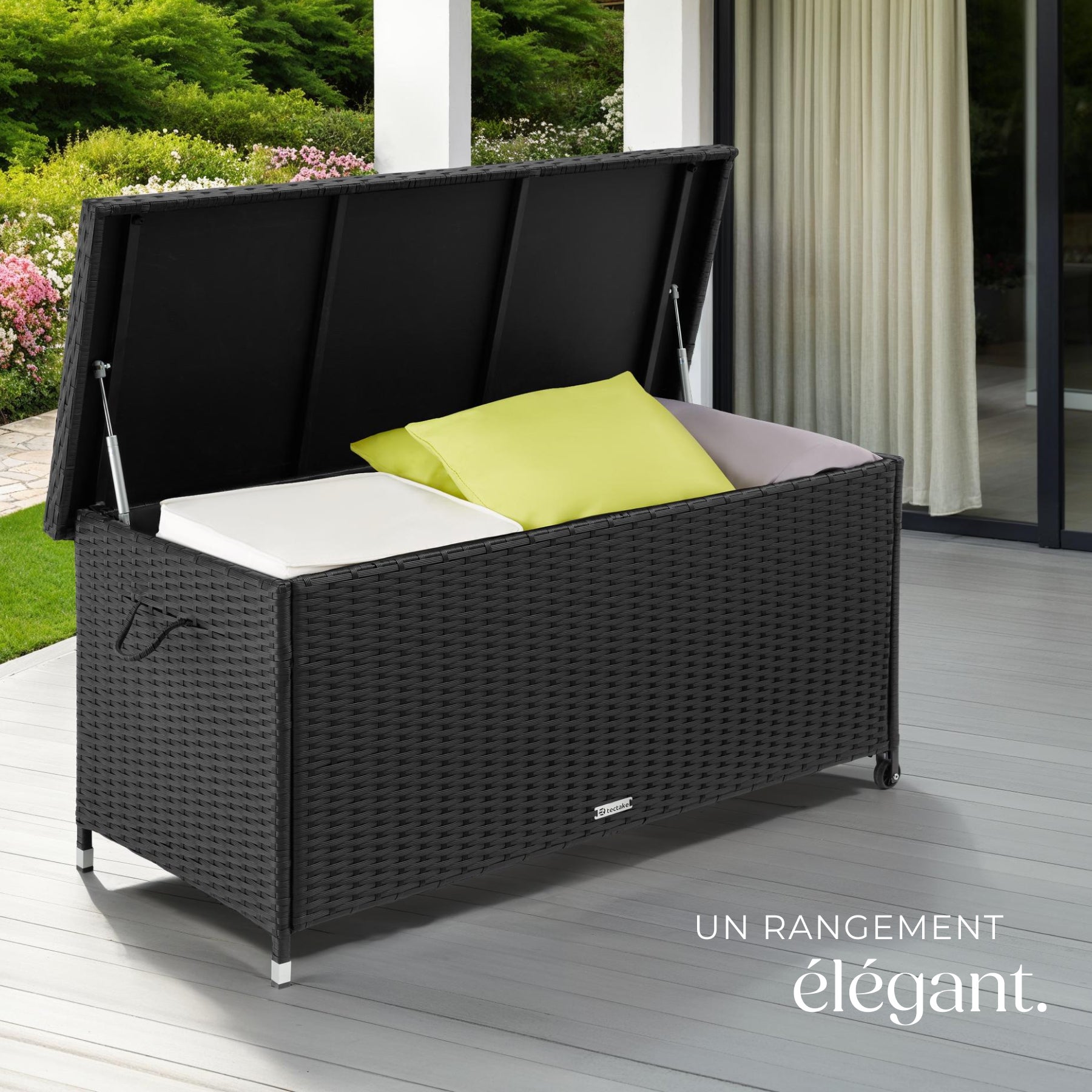 Coffre de jardin rotin en résine tressée et structure en acier 120x55x61,5cm 270 L avec poignées et 2 roues TECTAKE - 7