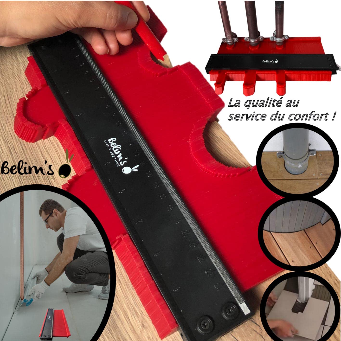 Jauge de contour verrouillable - Duplicateur de contour - Rapporteur de forme - Kit d'outils de mesure pour la pose de carrelage de parquet - 6